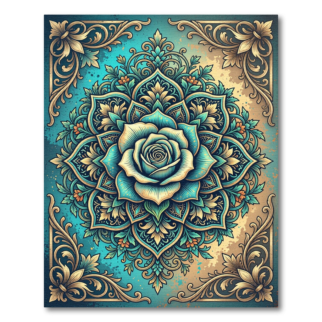 Teal Gold Floral Mandala Rose Rug