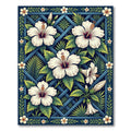 Blue Lattice White Hibiscus Floral Rug