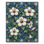 Blue Lattice White Hibiscus Floral Rug