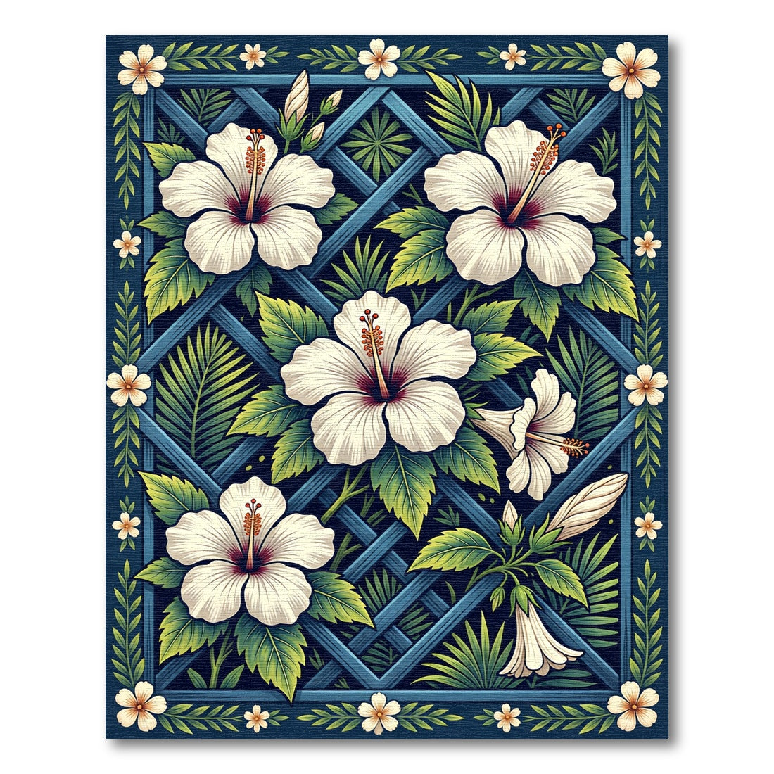 Blue Lattice White Hibiscus Floral Rug