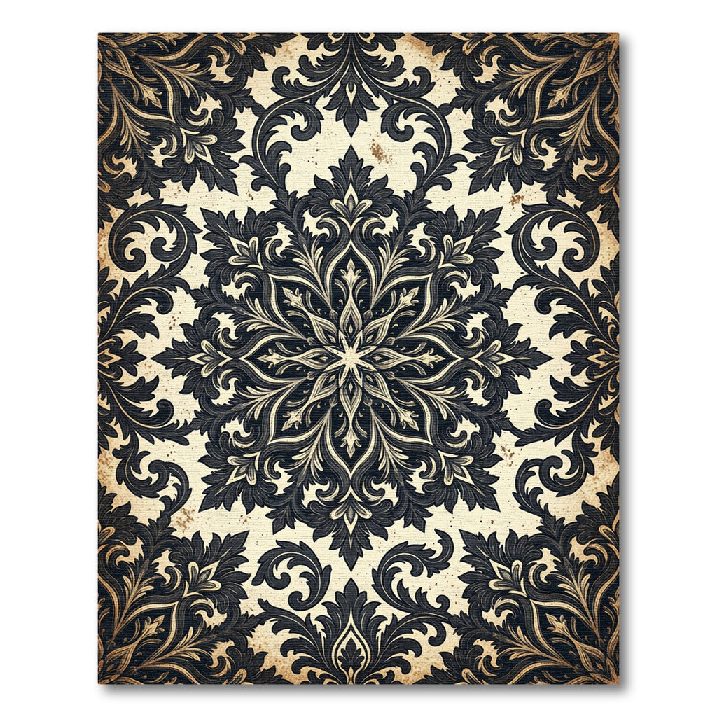Antique Charcoal Damask Scroll Medallion Rug