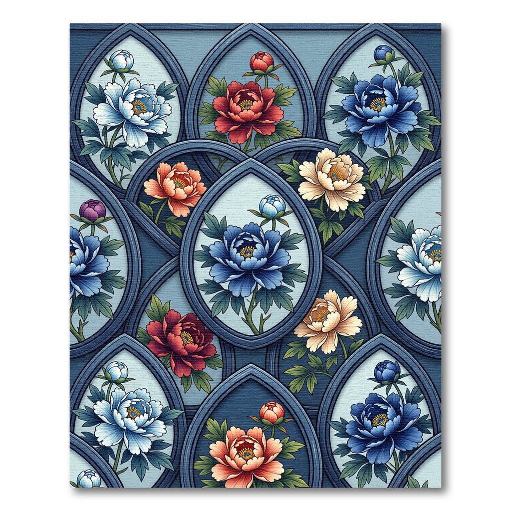 Elegance Deep Blue Peony Arch Floral Rug