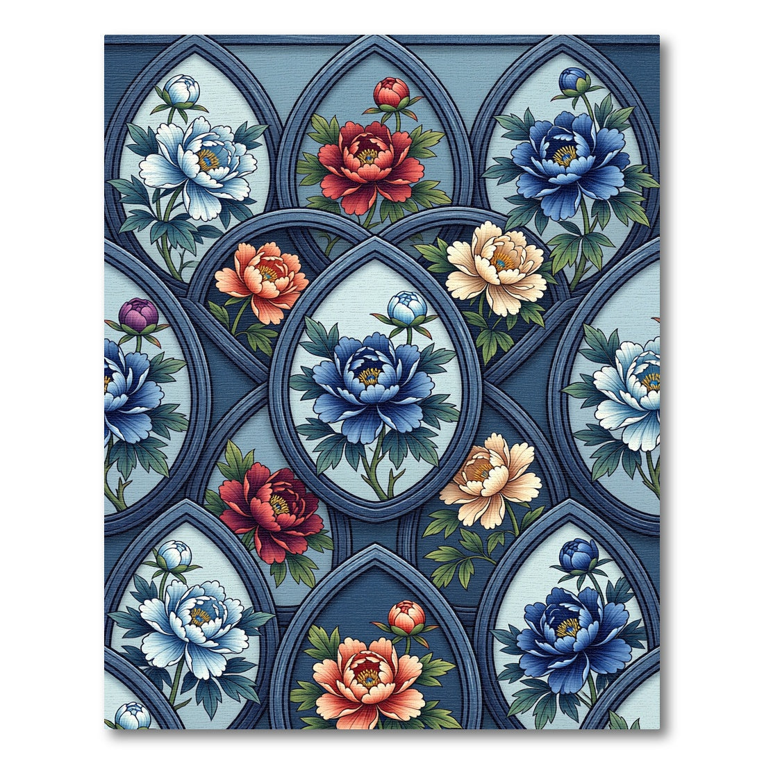 Elegance Deep Blue Peony Arch Floral Rug