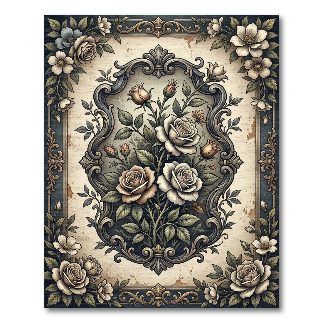 Vintage Floral Rose Ornamental Frame Rug