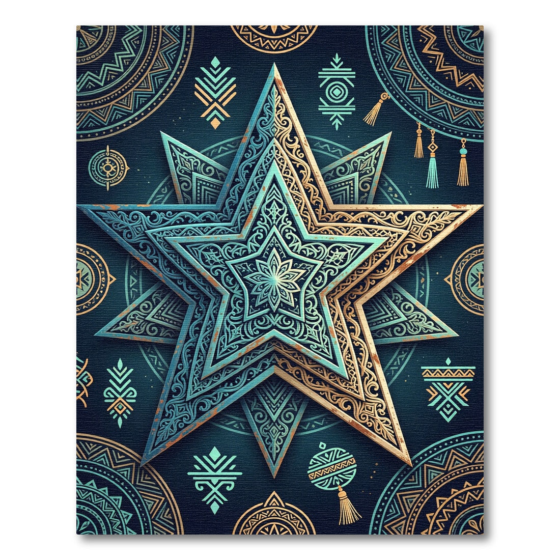 Ornate Teal and Gold Astral Star Rug