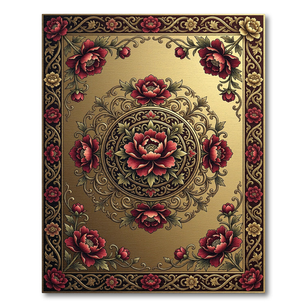 Elegant Golden Crimson Peony Medallion Rug