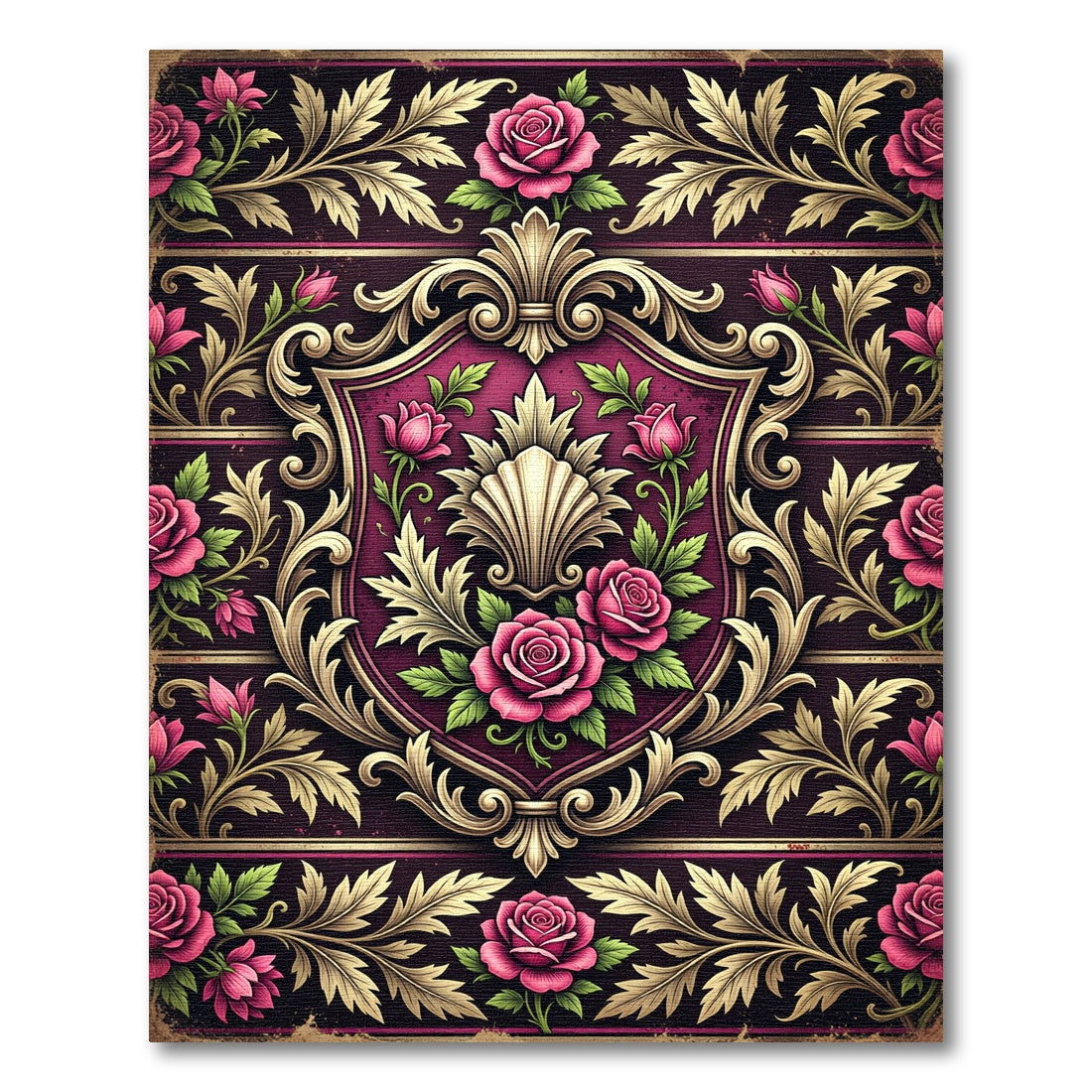 Victorian Damask Rose Floral Shield Rug