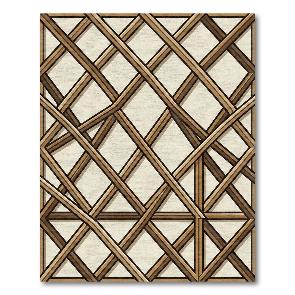 Modern Tan Wood Lattice Grid Rug