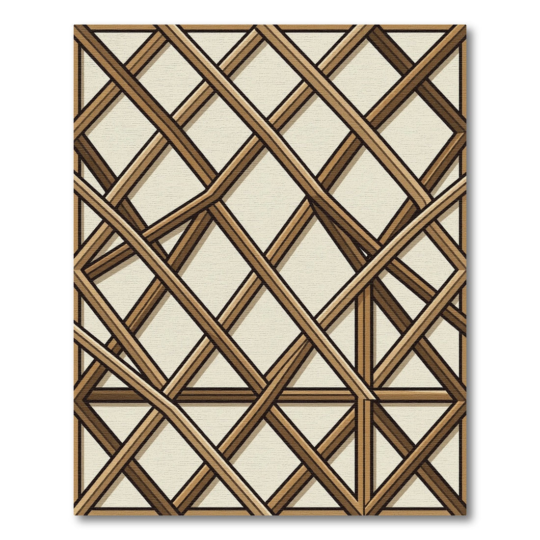 Modern Tan Wood Lattice Grid Rug
