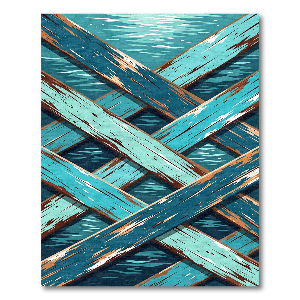 Abstract Blue Intersecting Wood Plank Art Rug