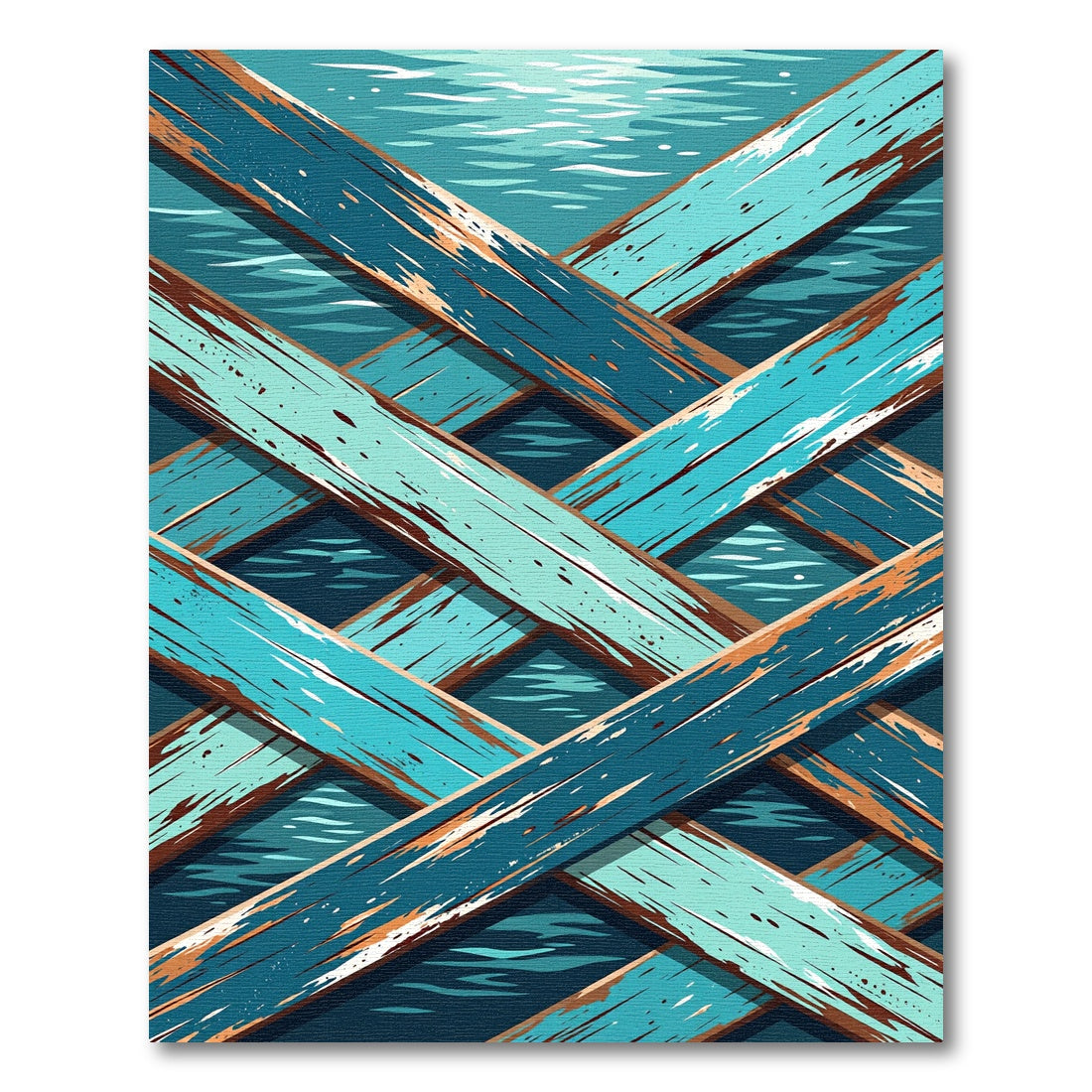 Abstract Blue Intersecting Wood Plank Art Rug