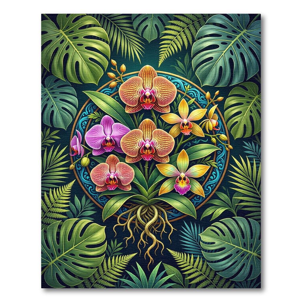 Vibrant Tropical Orchid Botanical Medallion Rug