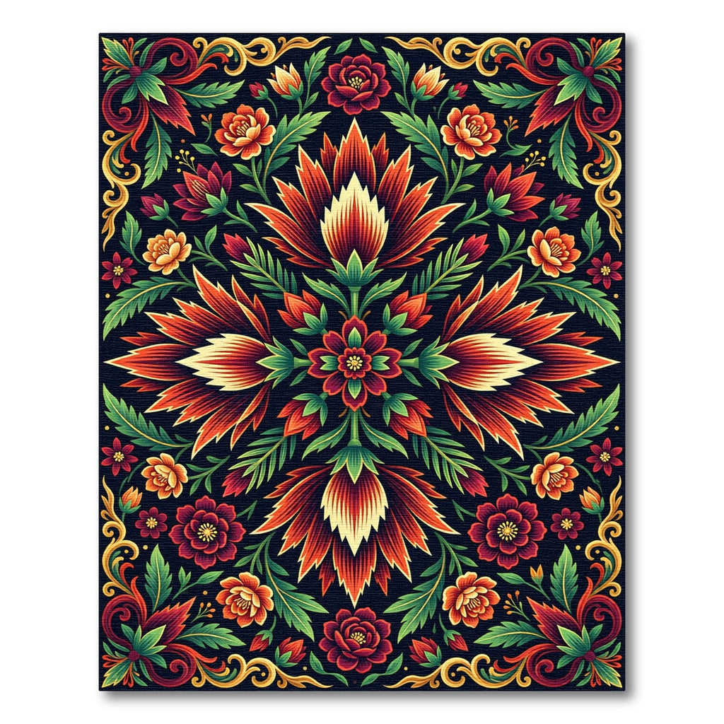 Vibrant Crimson Floral Ornate Symmetry Rug