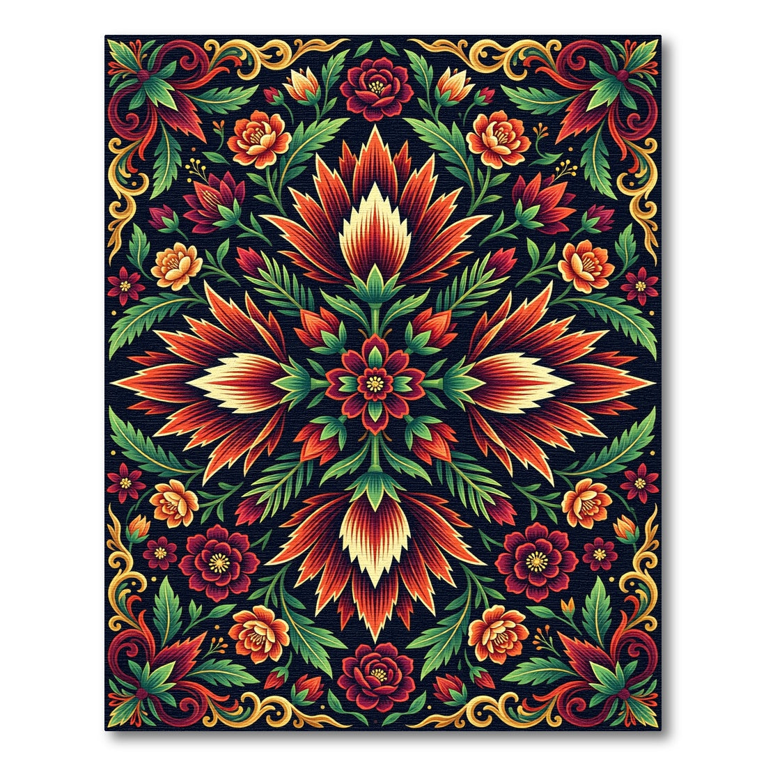 Vibrant Crimson Floral Ornate Symmetry Rug
