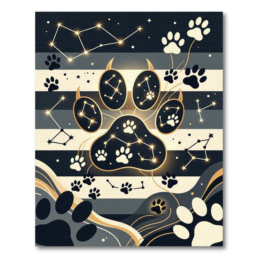 Celestial Paw Print Navy Striped Art Rug