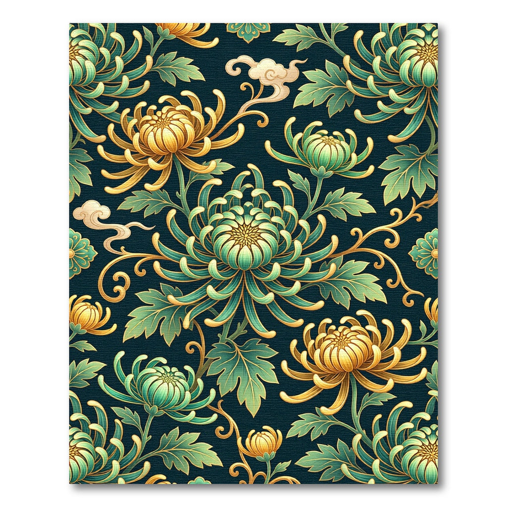 Elegant Emerald Gold Chrysanthemum Bloom Rug