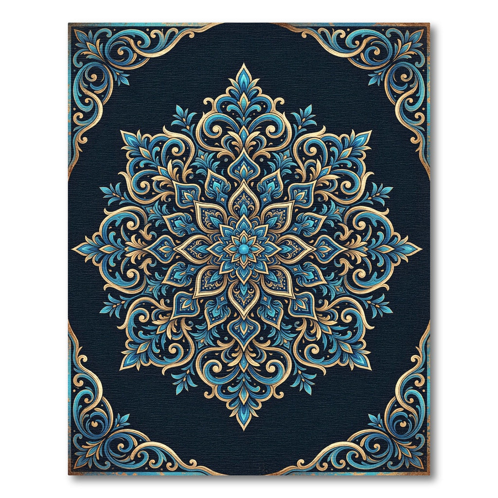 Ornate Blue and Gold Floral Mandala Rug