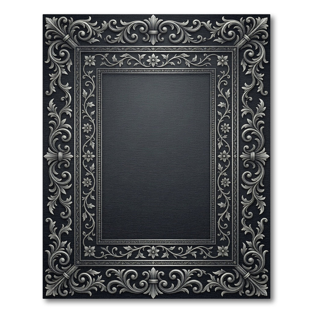Ornate Silver Floral Scrollwork Border Rug