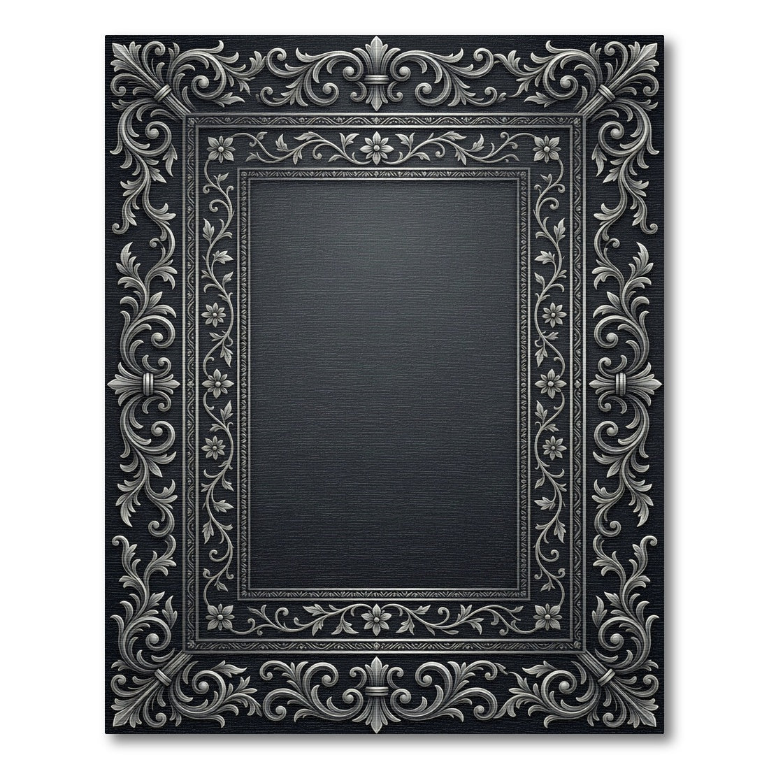 Ornate Silver Floral Scrollwork Border Rug