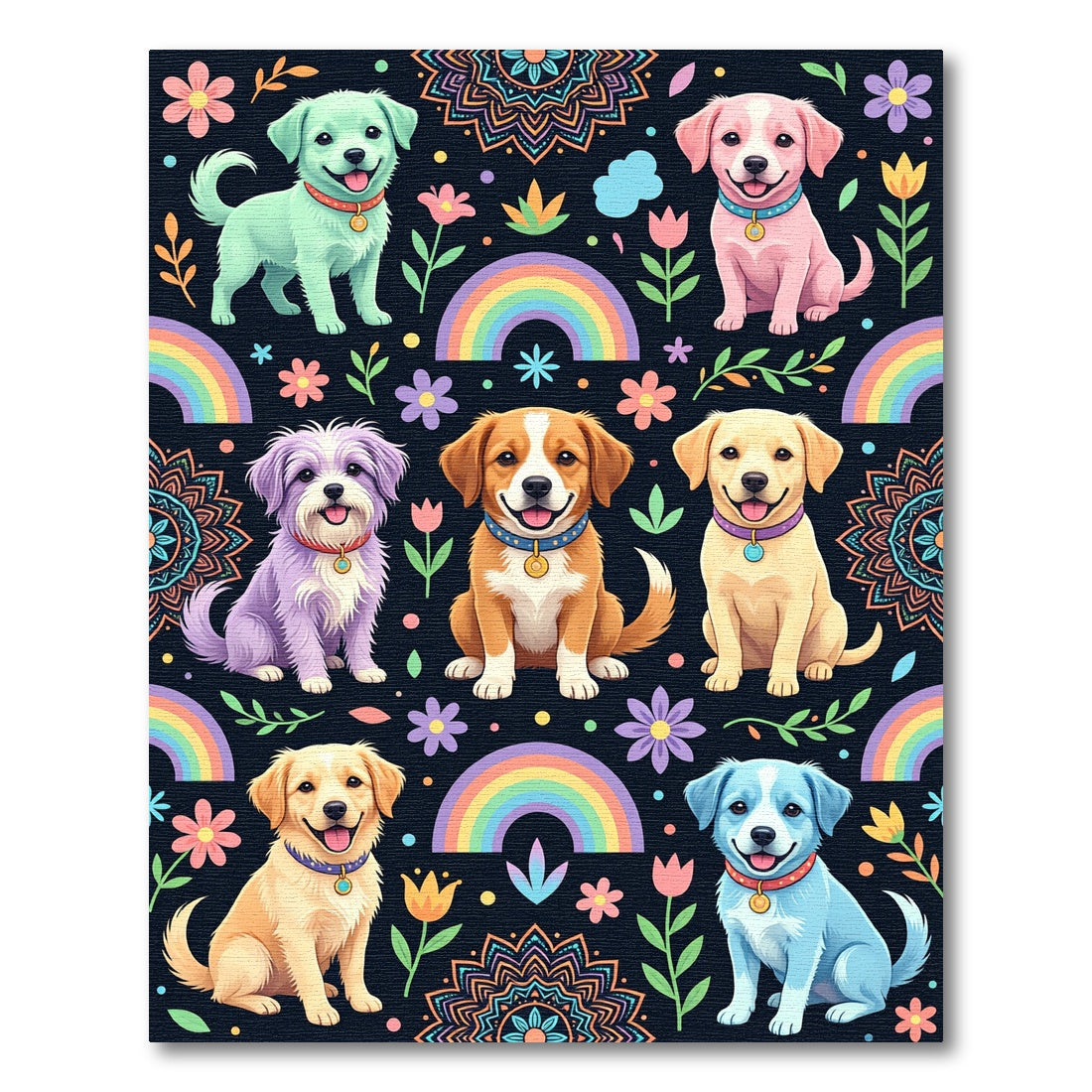 Playful Rainbow Puppy and Flower Medallion Rug