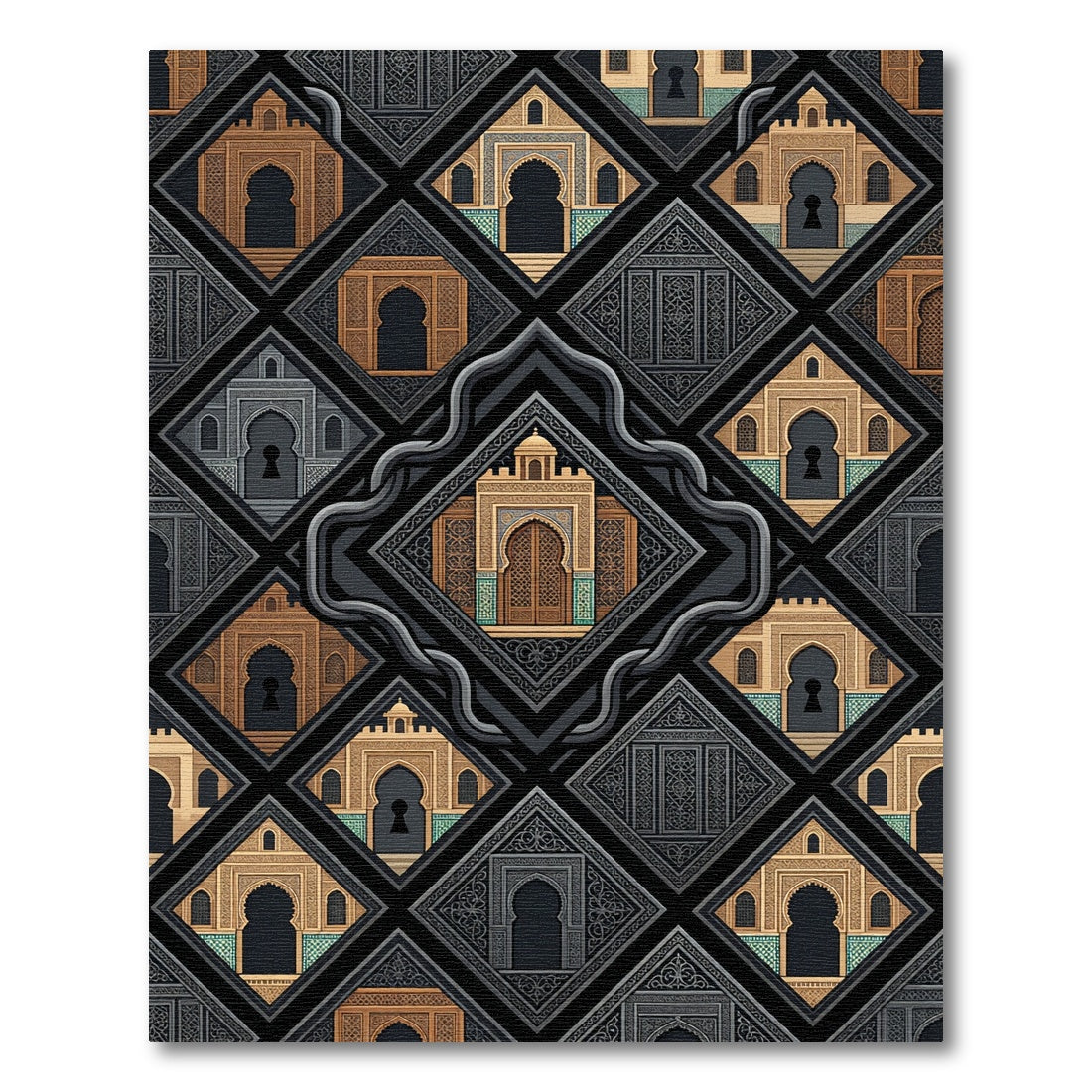 Ornate Archway Geometric Black Gold Grid Rug