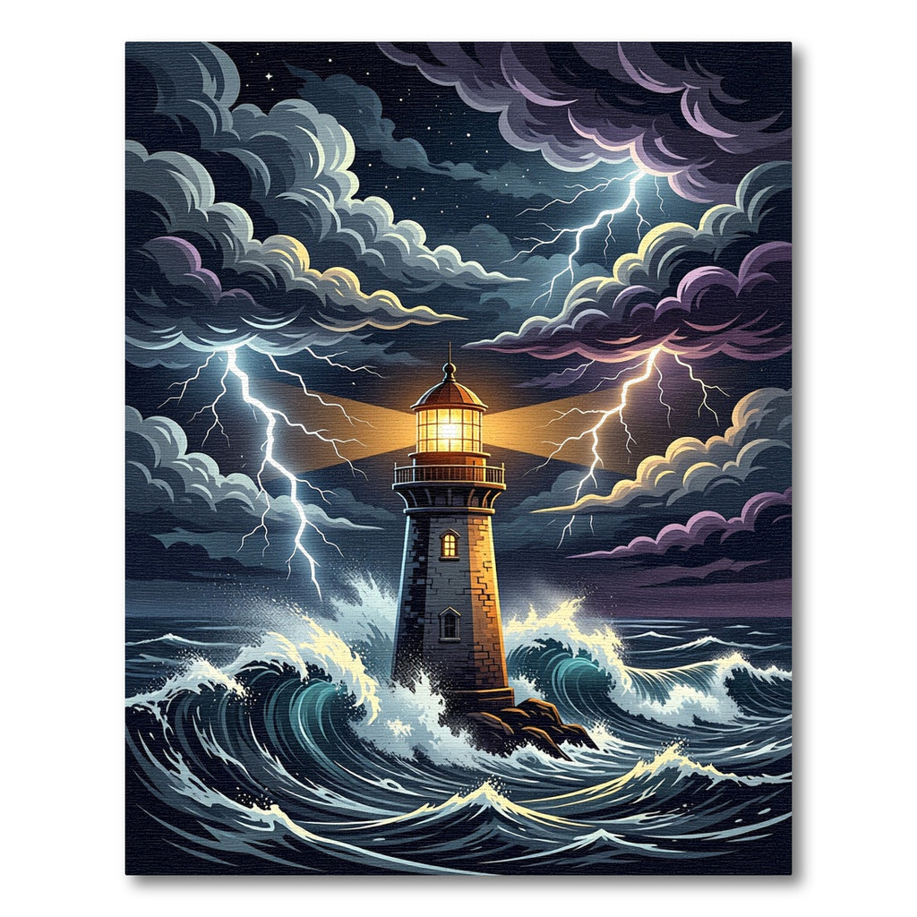 Stormy Lighthouse Ocean Lightning Scene Rug