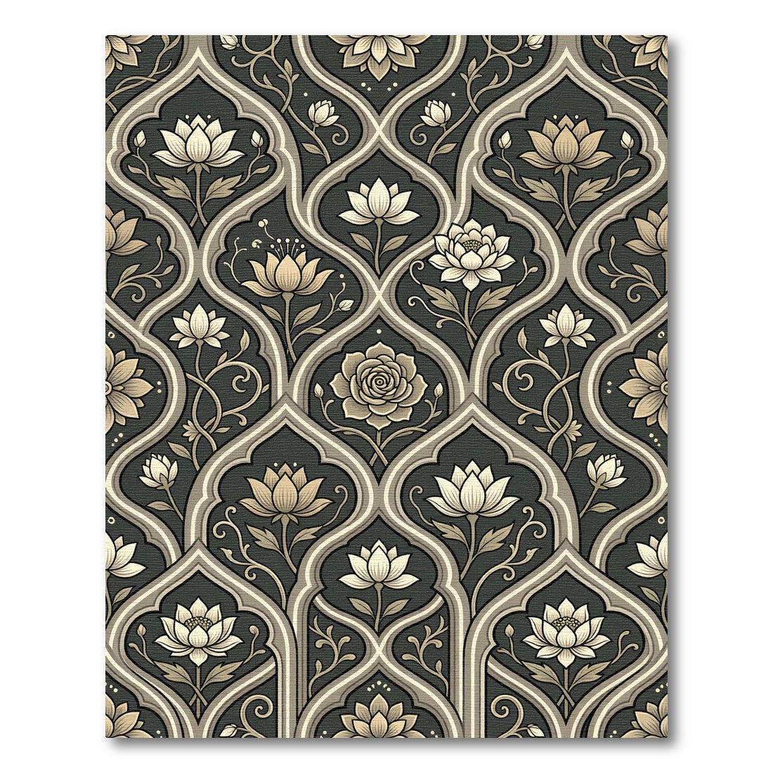 Elegant Charcoal and Taupe Lotus Scroll Rug