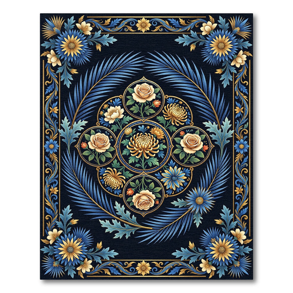 Vintage Blue Gold Floral Medallion Rug