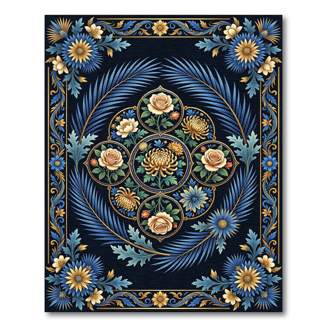 Vintage Blue Gold Floral Medallion Rug