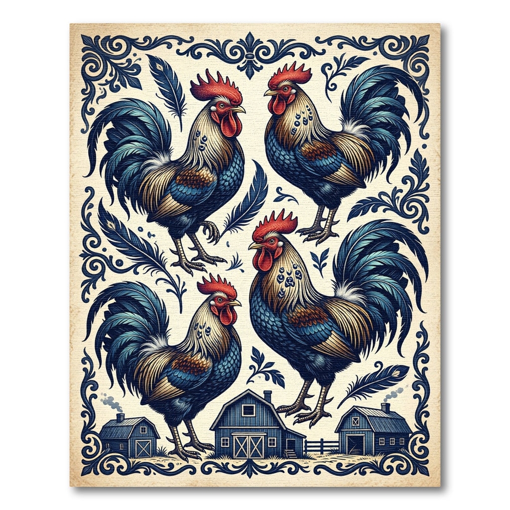 Vintage Blue Rooster Farmhouse Folk Art Rug