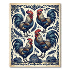 Vintage Blue Rooster Farmhouse Folk Art Rug