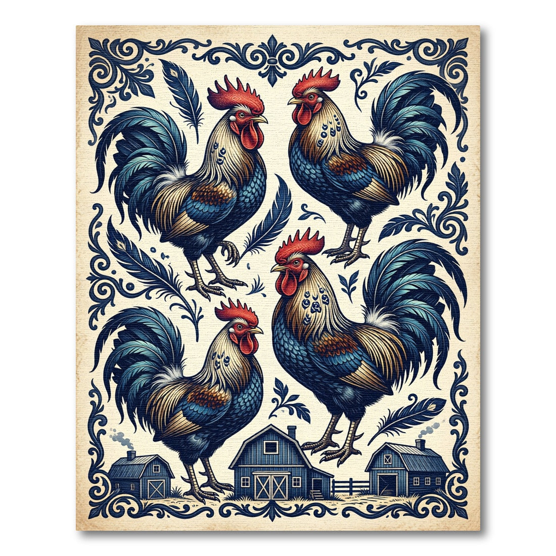 Vintage Blue Rooster Farmhouse Folk Art Rug