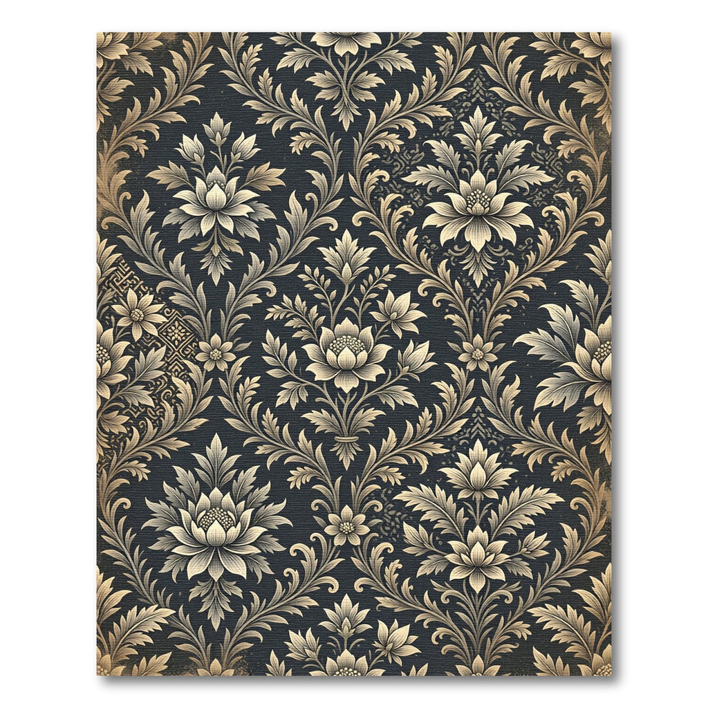 Elegant Charcoal Gold Floral Damask Rug