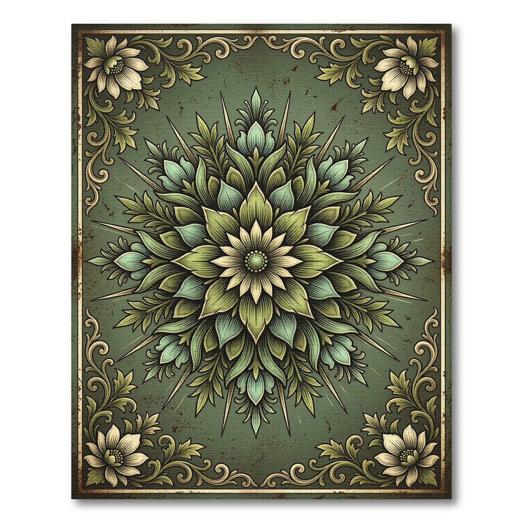 Earthy Green Floral Mandala Medallion Rug