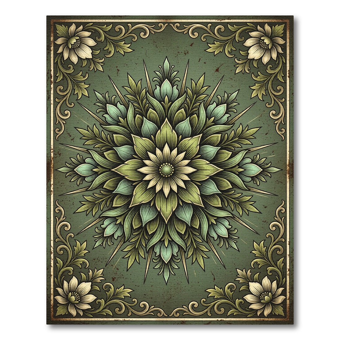 Earthy Green Floral Mandala Medallion Rug