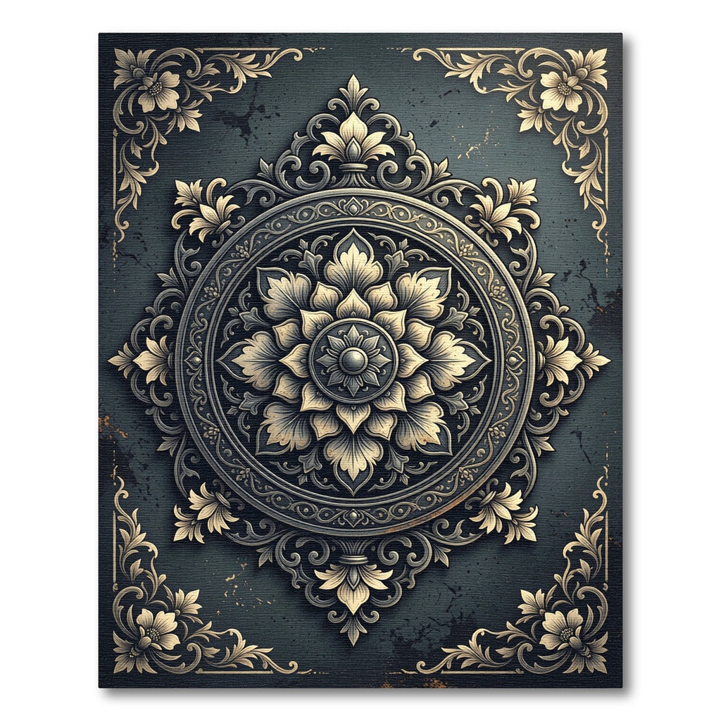 Ornate Charcoal Golden Floral Medallion Rug