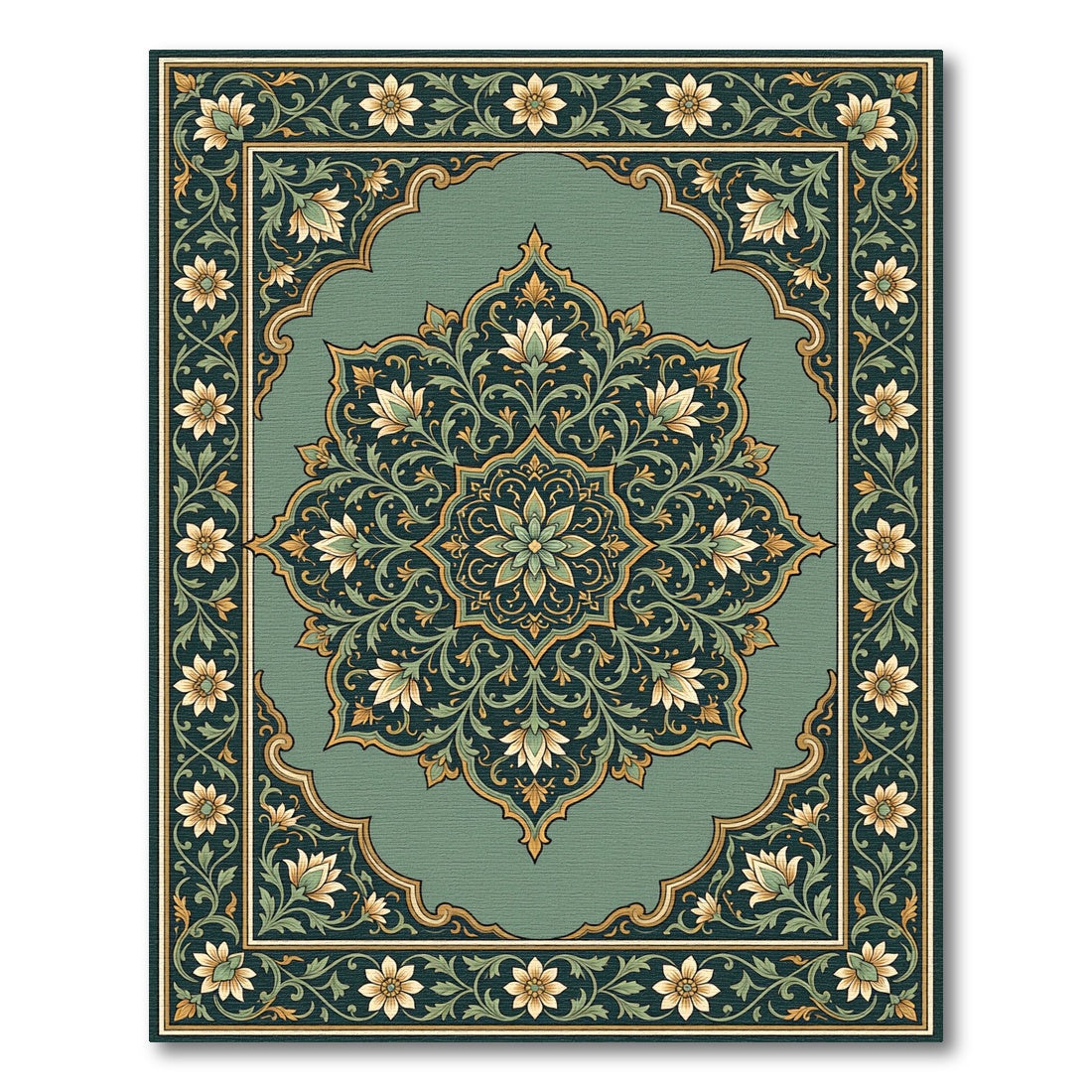 Jade Green Floral Medallion Ornament Rug