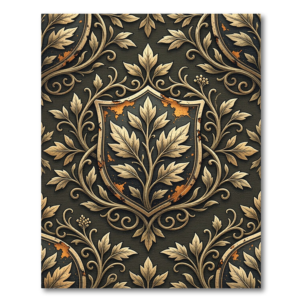 Gilded Foliage Ornate Black Shield Crest Rug