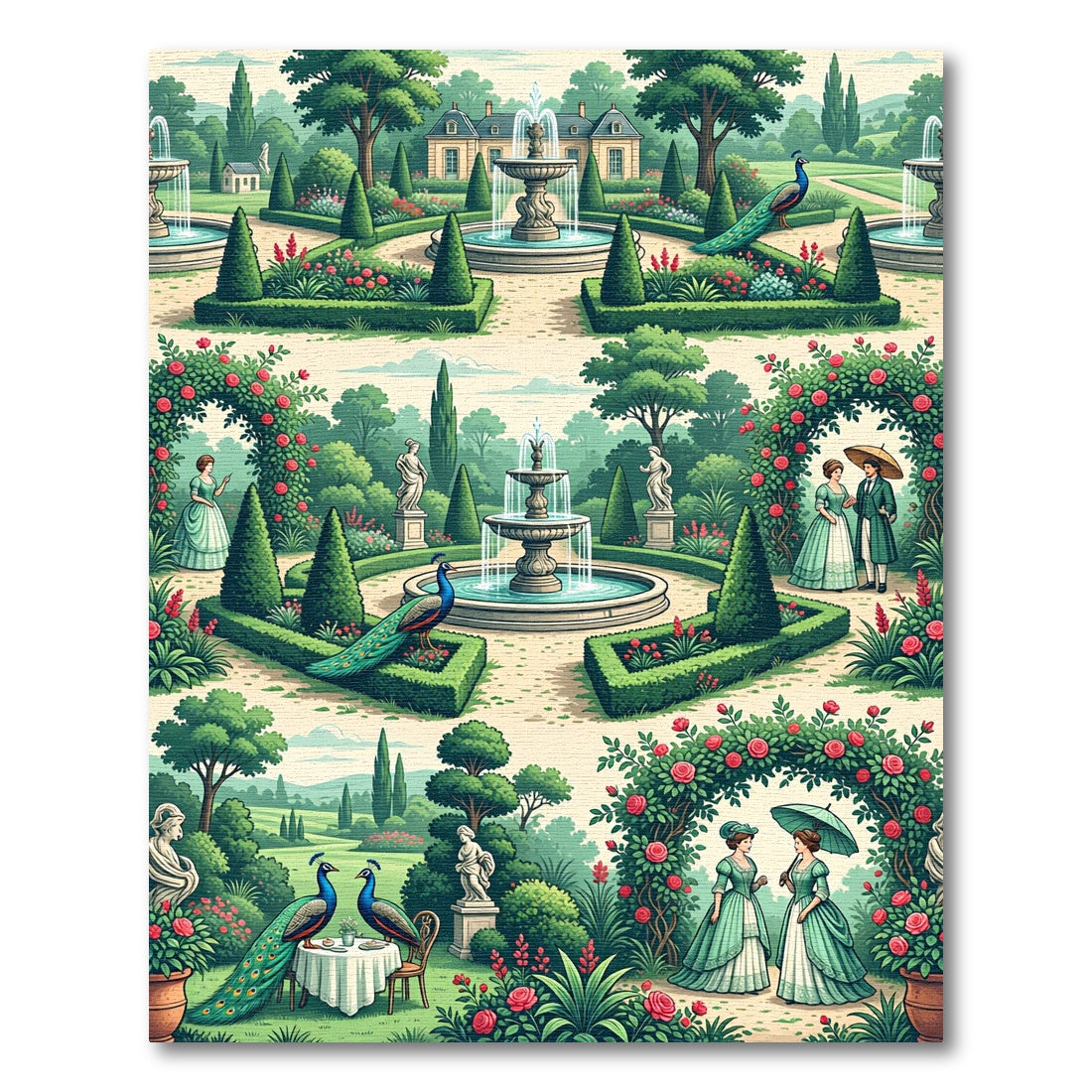 Regal Garden Scene with Peacocks and Roses Rug