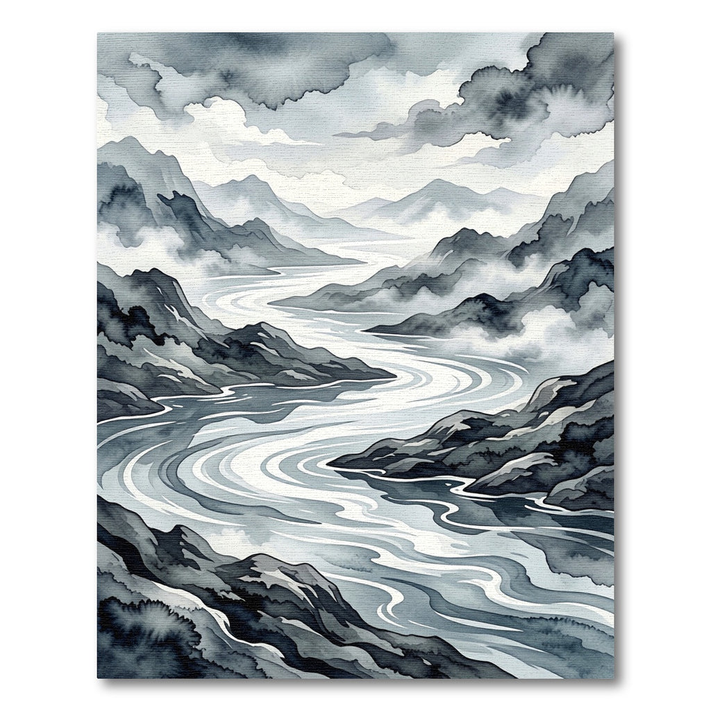 Monochromatic Misty Mountain River Scene Rug