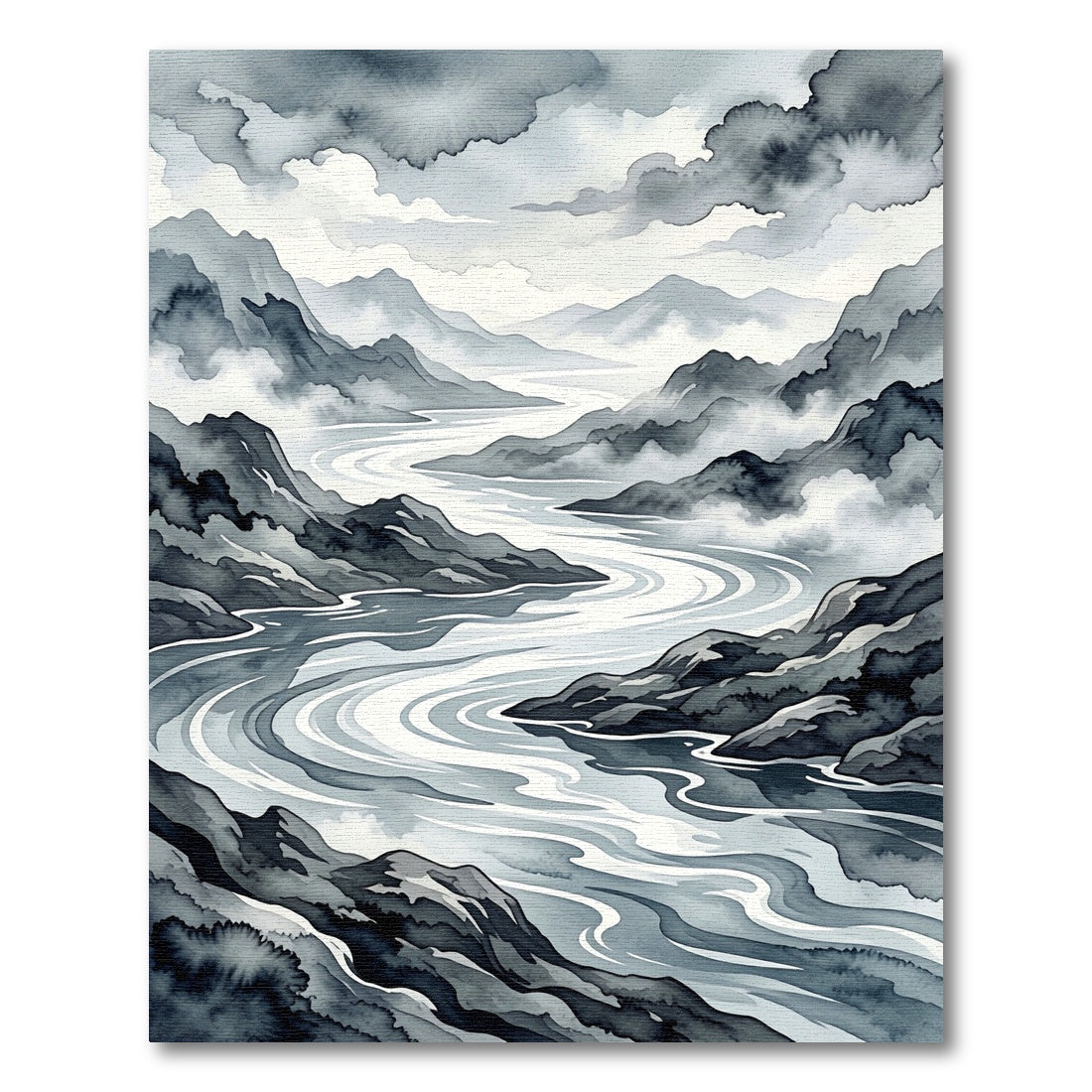 Monochromatic Misty Mountain River Scene Rug