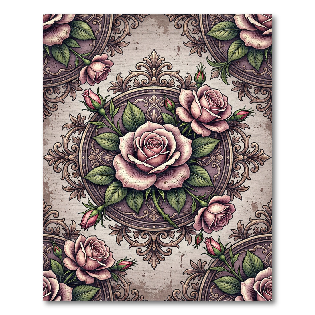Vintage Dusty Rose Floral Filigree Medallion Rug