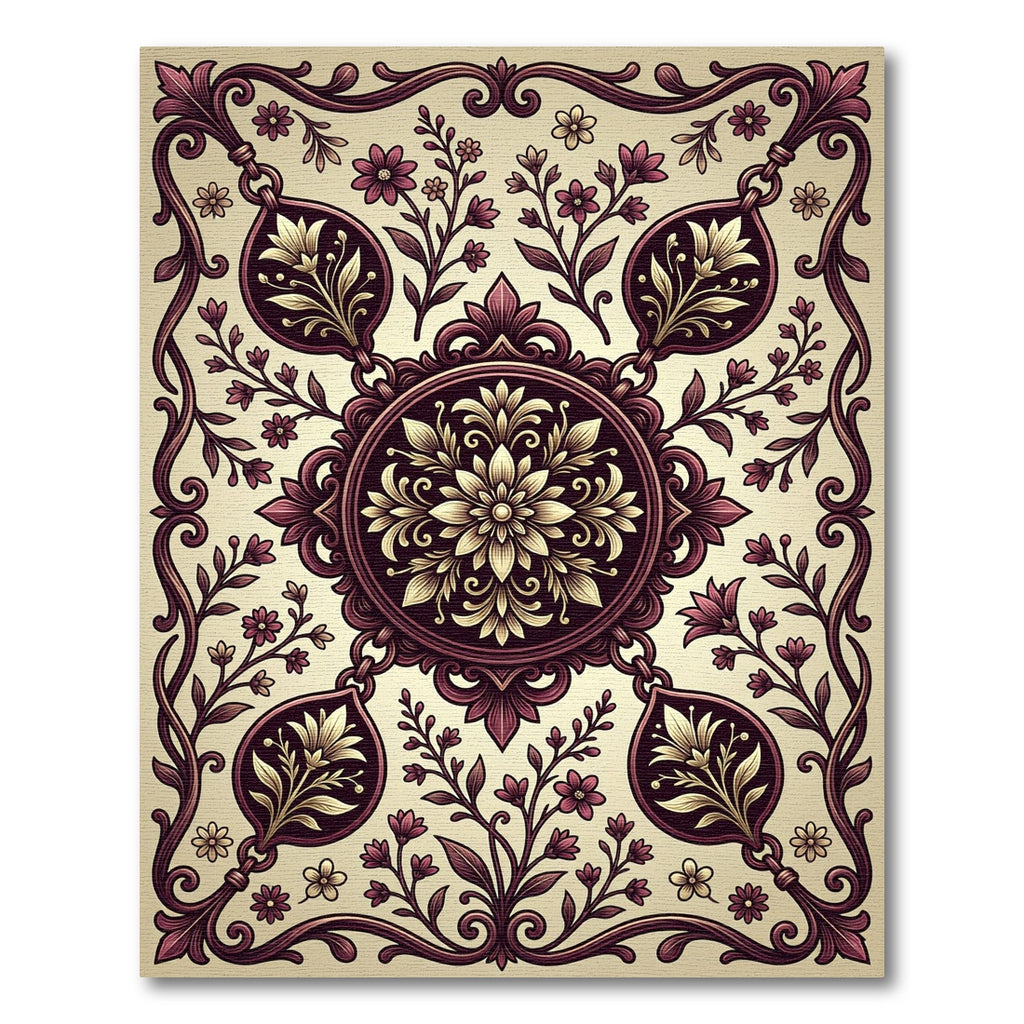 Elegant Burgundy Cream Floral Damask Rug