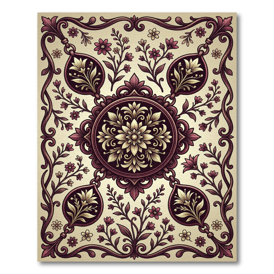 Elegant Burgundy Cream Floral Damask Rug