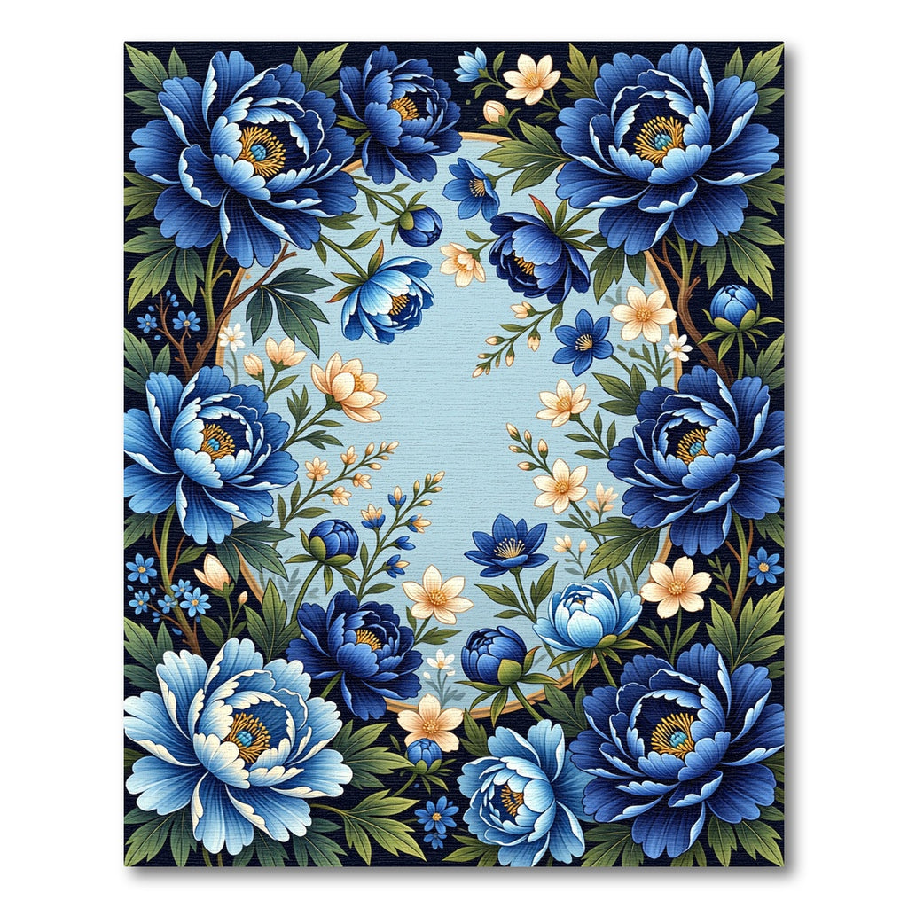 Elegant Deep Blue Peony Botanical Frame Rug