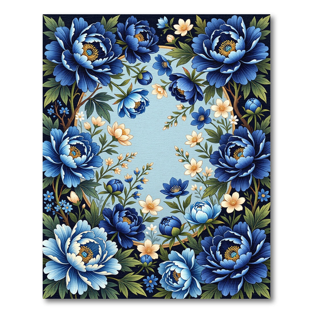Elegant Deep Blue Peony Botanical Frame Rug