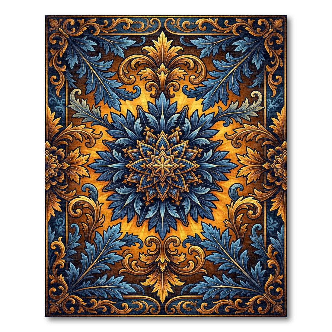 Golden Blue Floral Baroque Ornament Rug