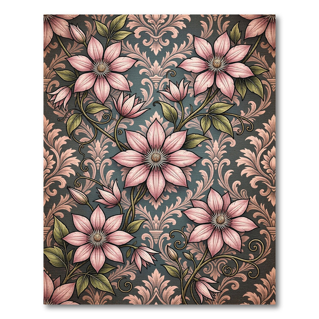 Elegant Pink Clematis Floral Damask Rug