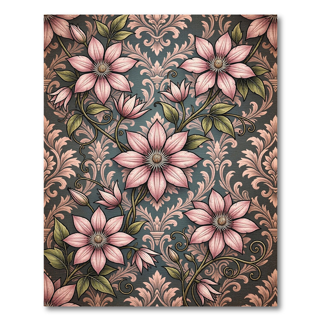 Elegant Pink Clematis Floral Damask Rug