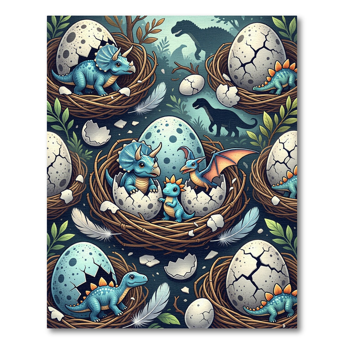 Whimsical Blue Dinosaur Hatching Egg Scene Rug